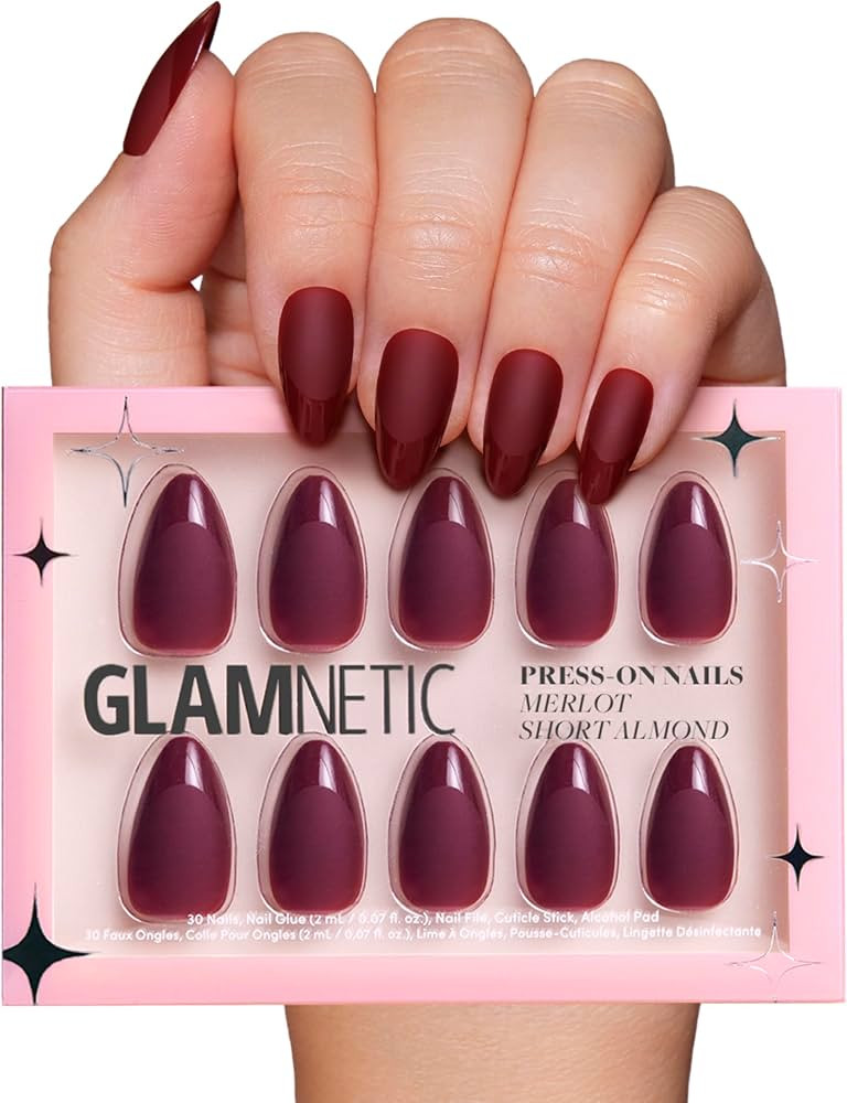 Glamnetic Press On Nails - Merlot | Short Almond Dark Red Nails with Glossy French Tips in a Matt... | Amazon (US)