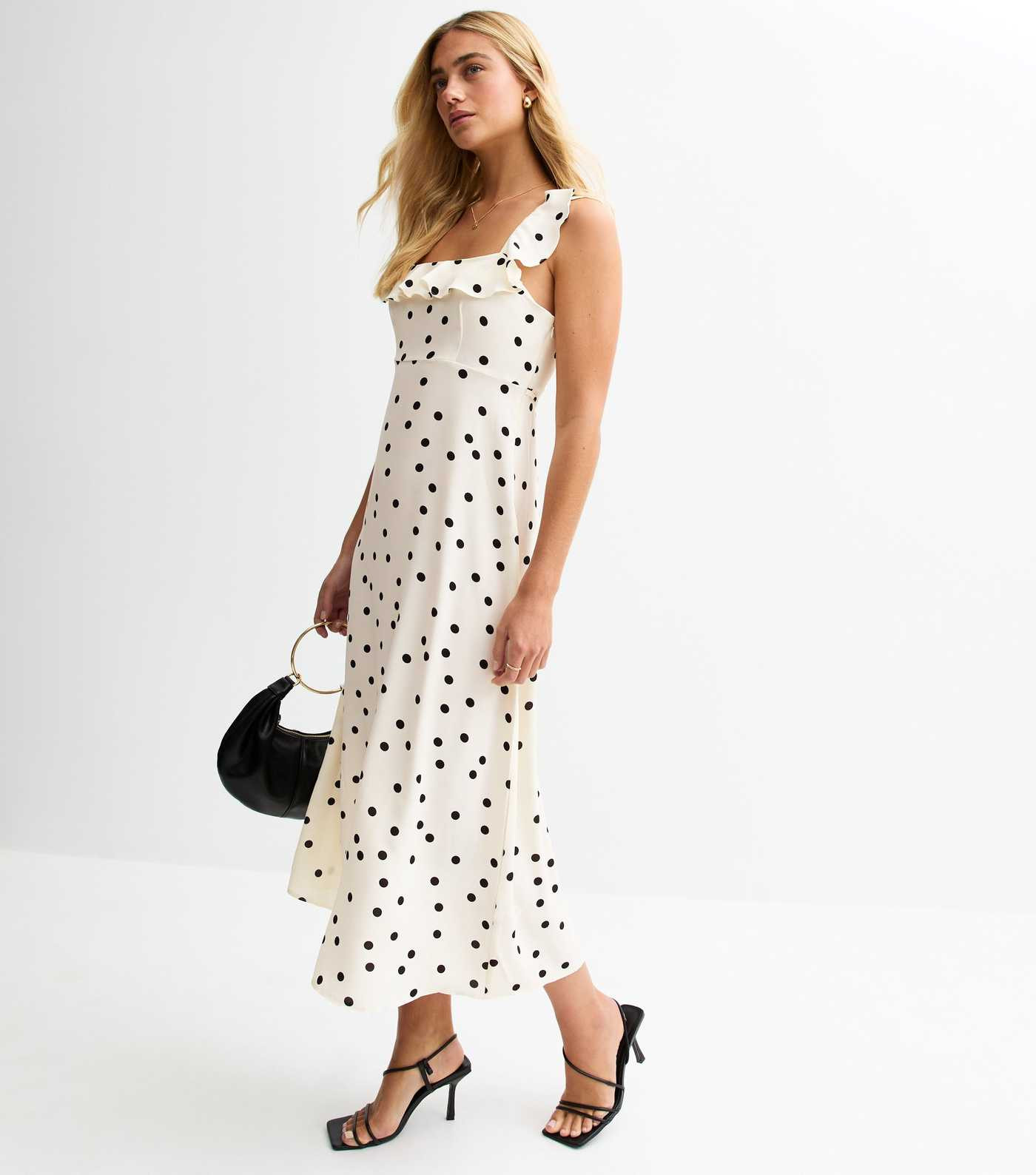 Cream Polka Dot Ruffle Trim Chiffon Midi Dress | New Look | New Look (UK)