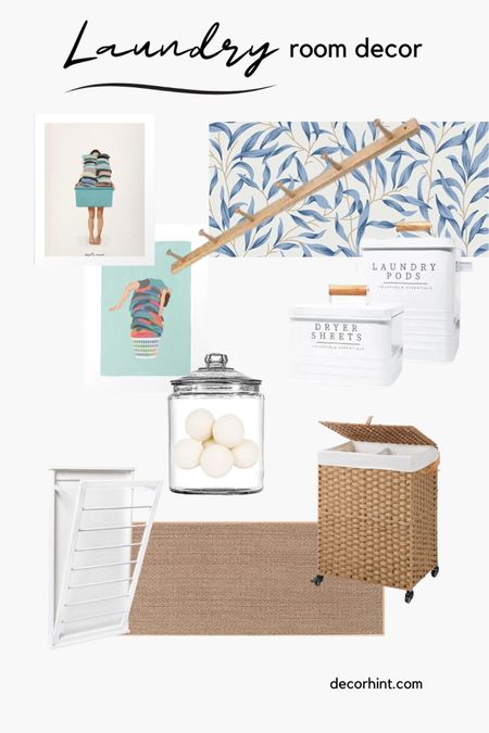 Laundry room decor, wallpaper, laundry art prints, wicker basket with wheels 

#LTKhome #LTKfindsunder50