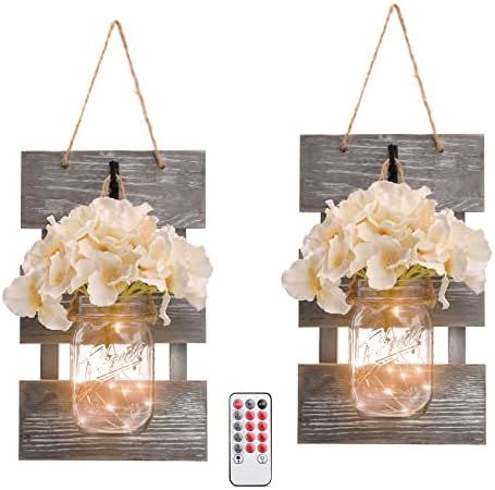 HOMKO Mason Jar Wall Decor with 6-Hour Timer LED Lights and Flowers - Rustic Home Decor (Set of 2) | Amazon (US)
