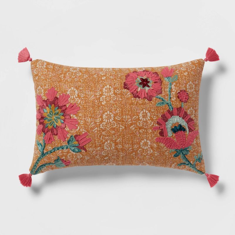 Oblong Floral Embroidered Decorative Throw Pillow Dark Gold/Vibrant Pink - Threshold™ | Target