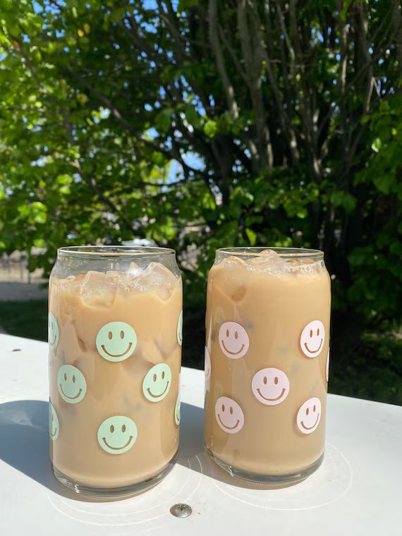 Sage Green Smiley Face Iced Coffee Glass Cup | Etsy (US)