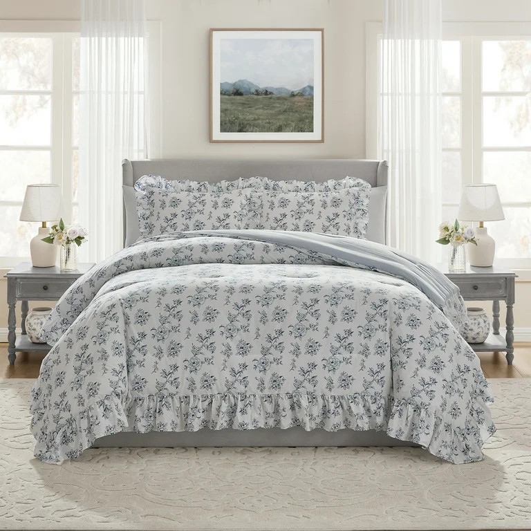 My Texas House Hum Ruffle 2-Piece Blue Floral Cotton Comforter Set, Twin/Twin XL | Walmart (US)