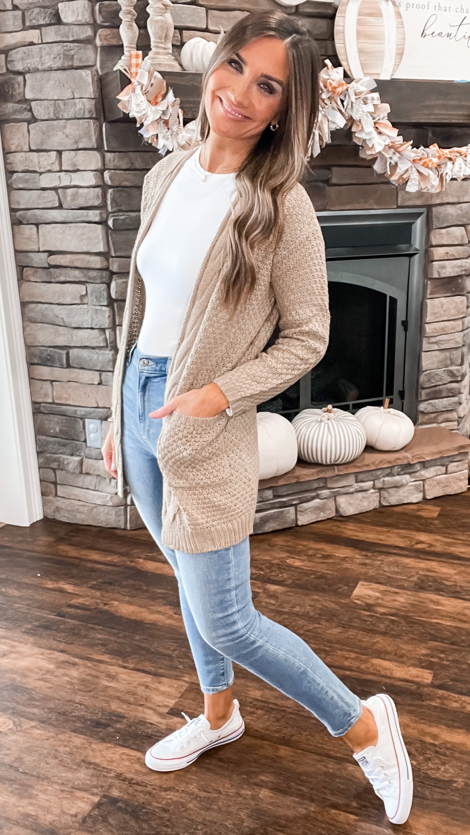 Cardigan, tan cardigan, cardi, skinny jeans, white bodysuit, converse 

#LTKunder50 #LTKSeasonal #LTKstyletip