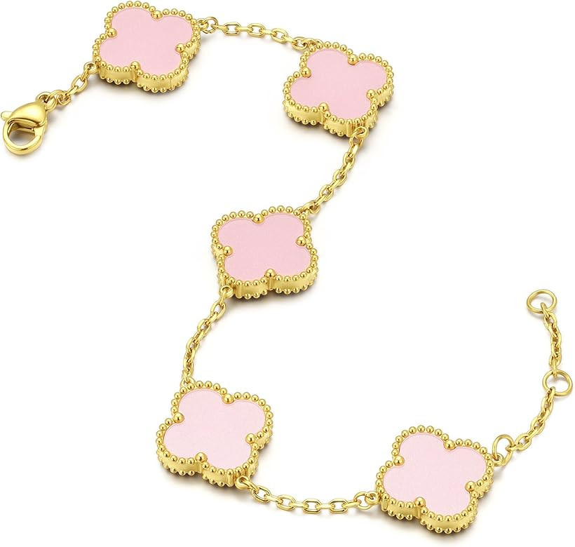 Clover Bracelet, Pink/Black Four Leaf Lucky Gifts, Gold Bracelets for Women Birthday Unique | Amazon (US)