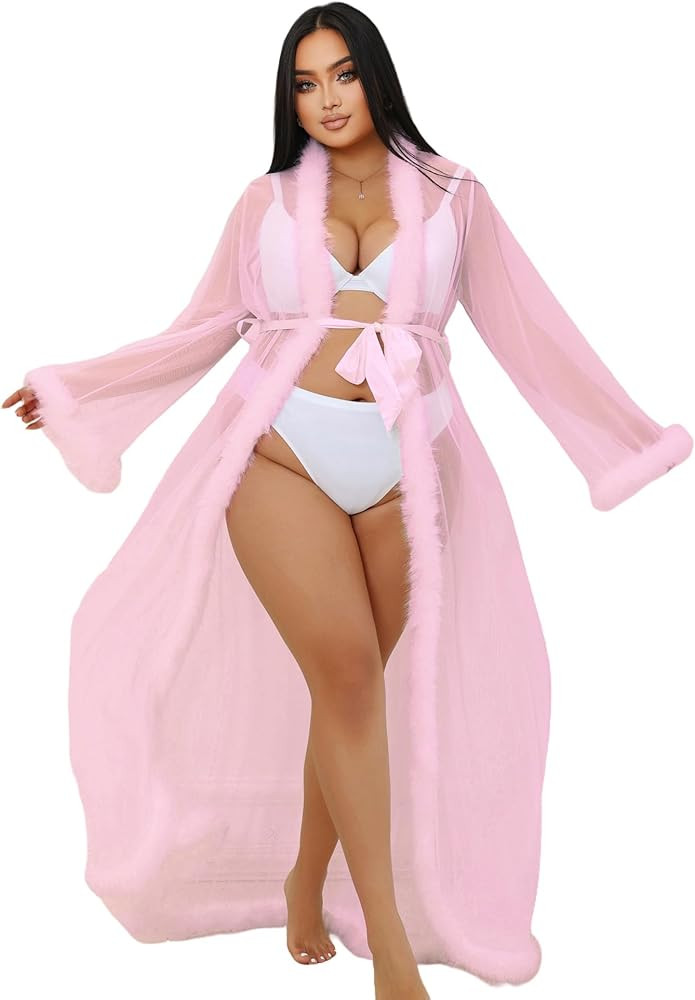 ohyeah Women Feather Bridal Robe for Wedding Plus Size Lingerie Robe with Fur Nightgown Tulle Mat... | Amazon (US)