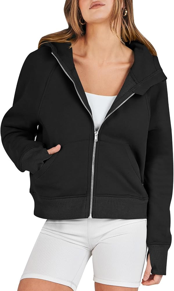 ANRABESS Women Hoodies Fleece Lined Full Zipper Sweatshirts Long Sleeve Crop Tops Clothes Sweater... | Amazon (US)