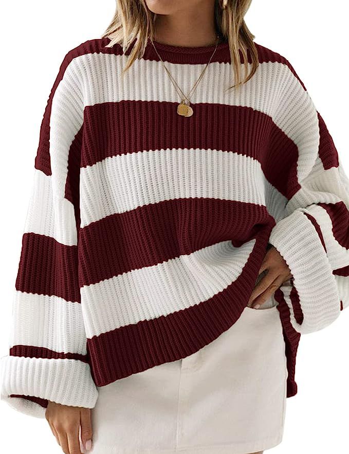 ZESICA Women's Long Sleeve Crew Neck Striped Color Block Comfy Loose Oversized Knitted Pullover S... | Amazon (US)