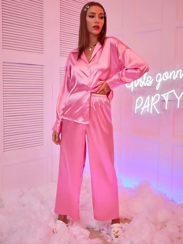 Lapel Neck Drop Shoulder Satin Pajama Set | SHEIN