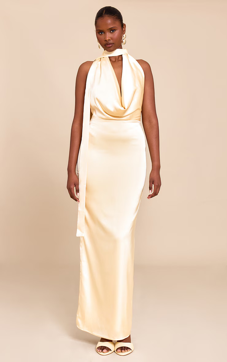 Butter Yellow Satin Cowl Neck Drape Maxi Dress | Dresses | PrettyLittleThing US