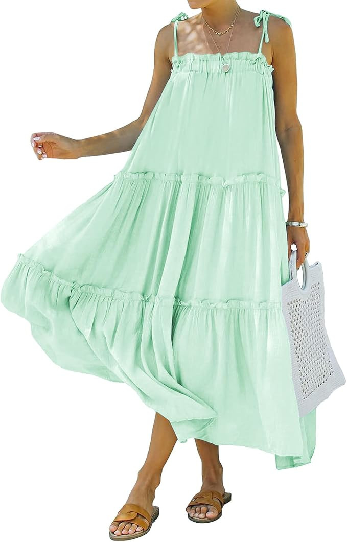 BTFBM Women 2024 Summer Maxi Dresses Sleeveless Spaghetti Strap Casual Sundress Tiered Ruffle Boh... | Amazon (US)