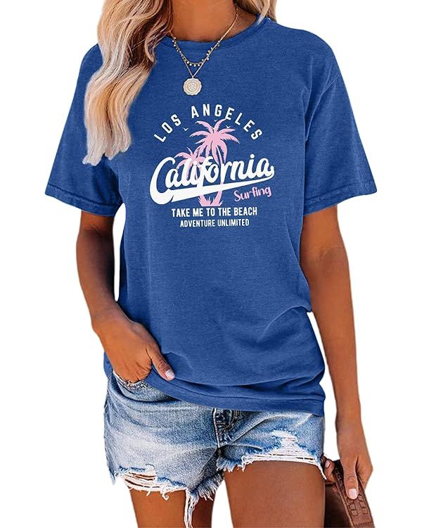 TAKEYAL Women Los Angeles Graphic T Shirts California Letter Print Short Sleeve Tee Loose Casual ... | Amazon (US)
