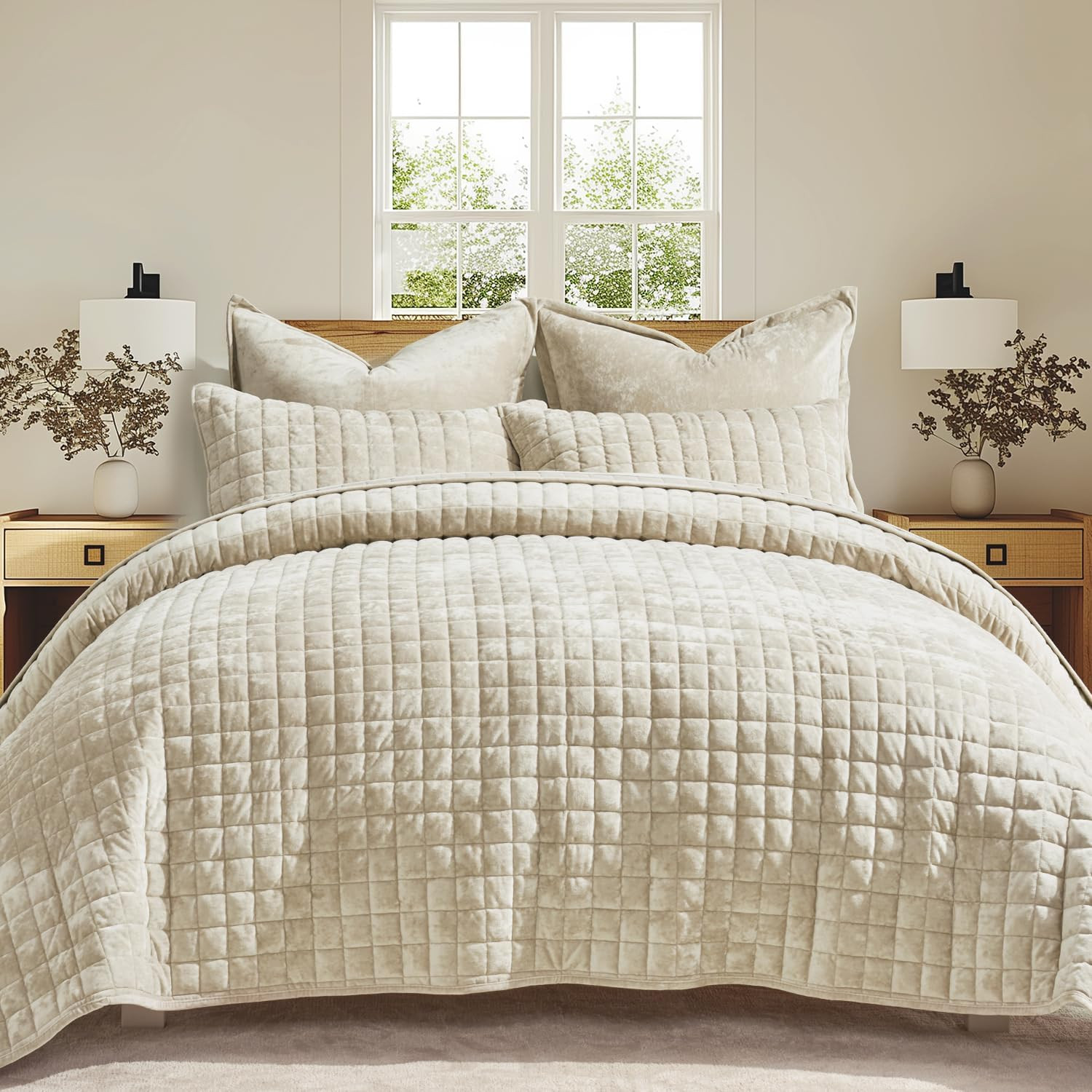 RECYCO Channel Box Stitch Velvet Quilt Set, Full Queen Size, Beige | Amazon (US)