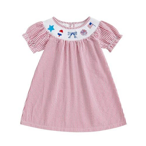 YolanerBaby Toddler Little Baby Girl 4th of July Dress Puff Short Sleeve Stripes Smocked Dresses Kids Fourth of July Outfit (American Flag Dress-red, 3-4 Years) | Amazon (US)