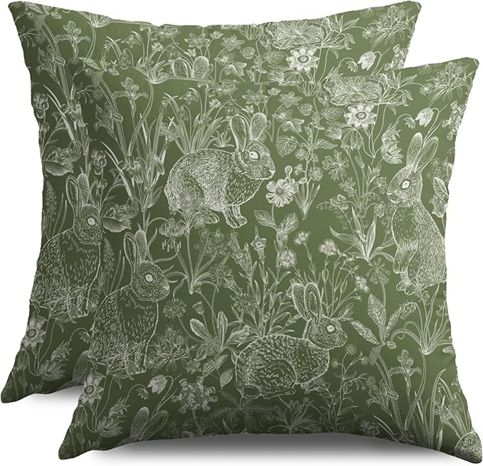 Green Easter Pillow Covers 18X18 Set of 2, Spring Vintage Rabbit Bunny Floral Botanical White Pri... | Amazon (US)