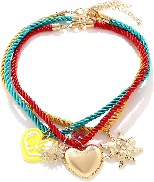 Boho Beach Layered Necklace For Women Summer Colorful Rope Cords Dopamine Heart Sun Daisy Pendant... | Amazon (US)