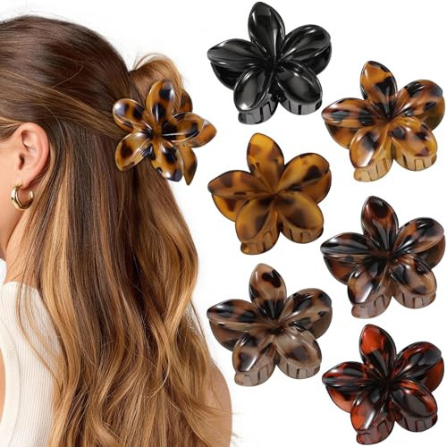 6 PCS Tortoise Flower Hair Clips for Women Girls, Large Hawaiian Flower Claw Clips for Thick Hair, Big Plumeria Jaw Clips, Strong Hold Non Slip Hair Accessories, Tortoise, Black | Amazon (US)
