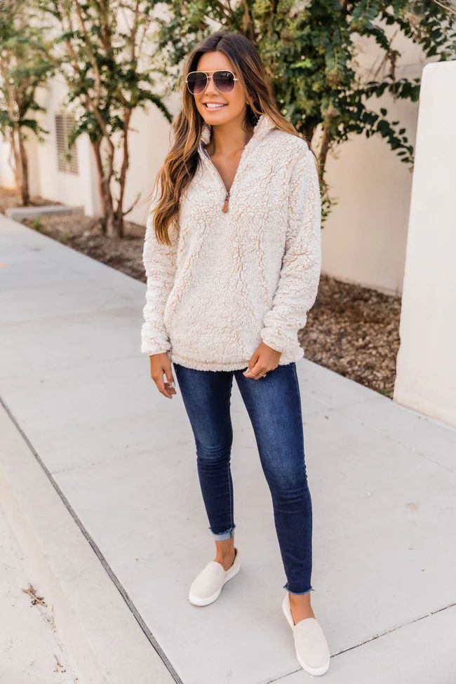 Snowy Daydreams Oatmeal Sherpa Quarter Zip Pullover SALE | The Pink Lily Boutique