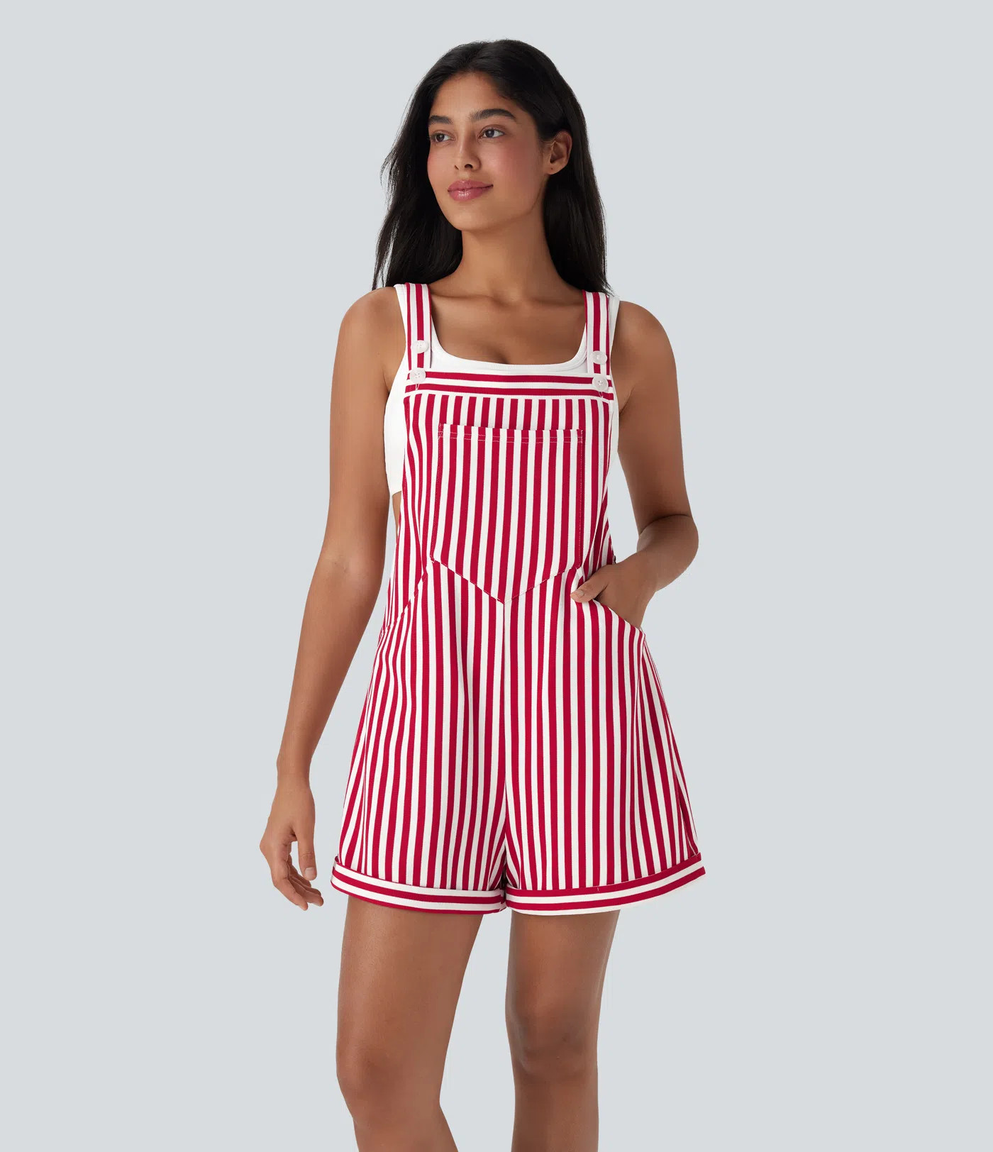 Pockets Stripe Waffle Short Overalls | HALARA