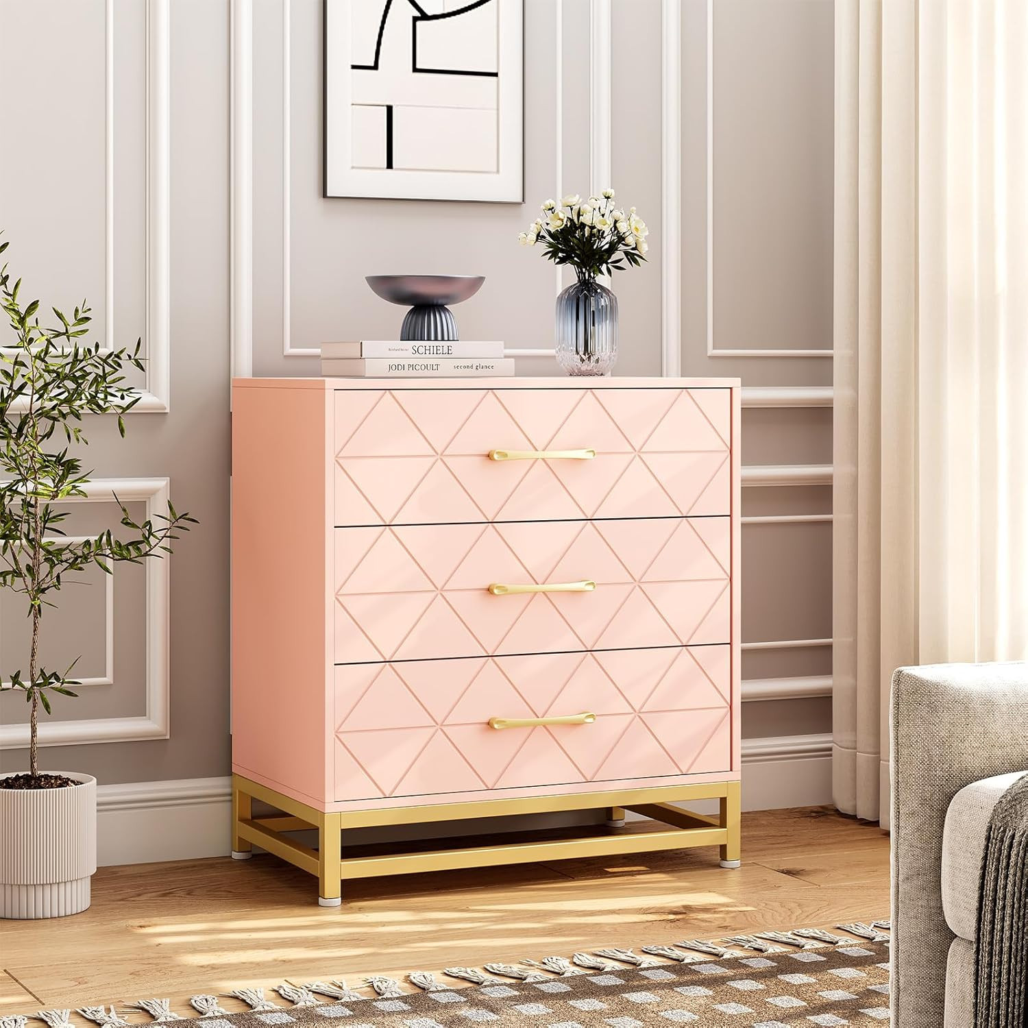 Qeetex Pink 3-Drawer Dresser for Bedroom Closet Slim Tall Chest with Soft-Close Glides Anti-Tip Kit 28.7 inch H Space Saving Storage Organizer | Lowe's