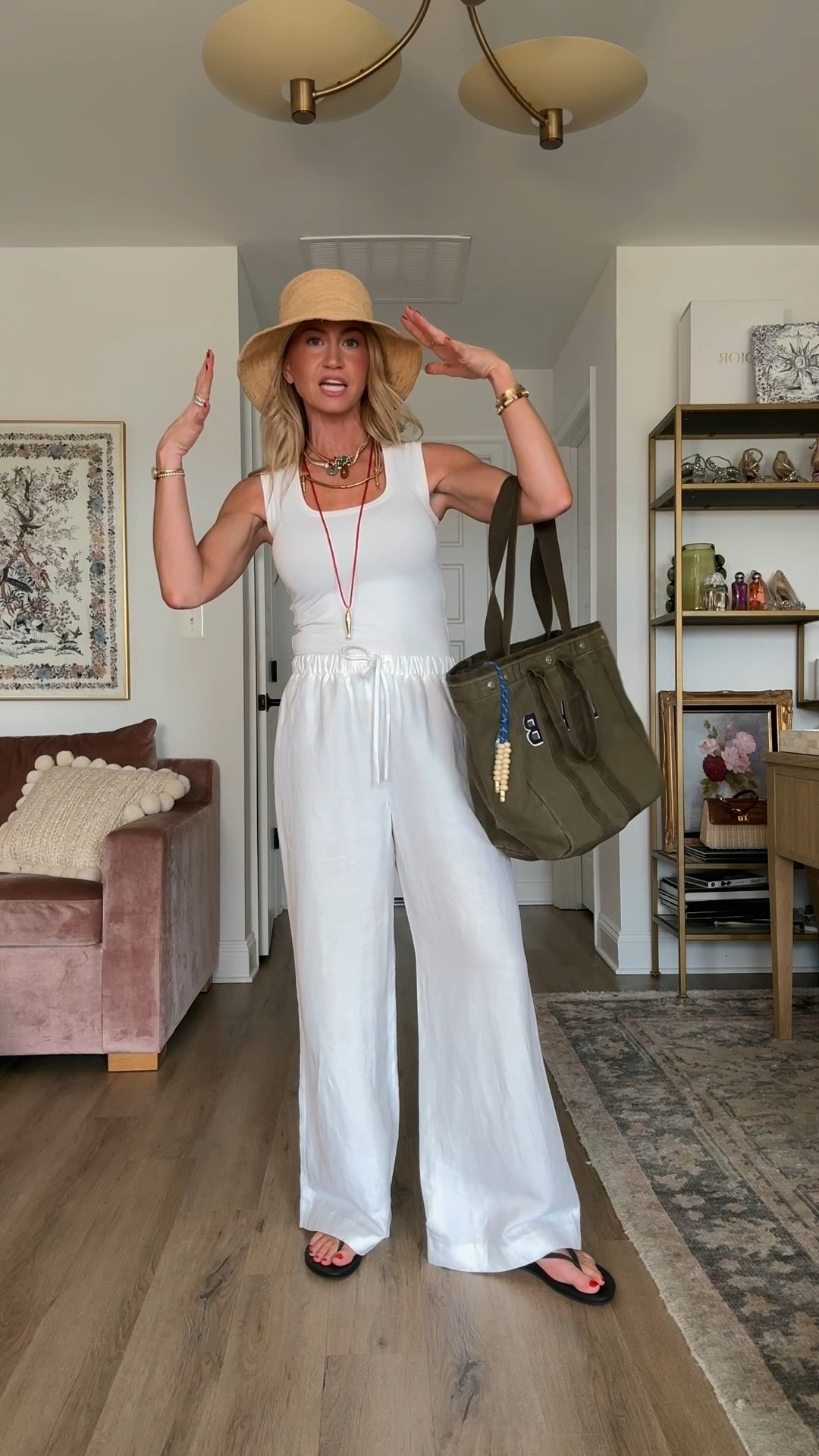 Simple All white summer outfit.

White tank: not see through, runs TTS, wearing XS in long length. 

White linen pants: ON SALE during the private access sale, wearing S in reg length. 

Tiny black flip-flops: the most comfortable flip-flops I’ve found, run small, size up if in between sizes.

#LTKootd #LTKmomlife #LTKgrwm