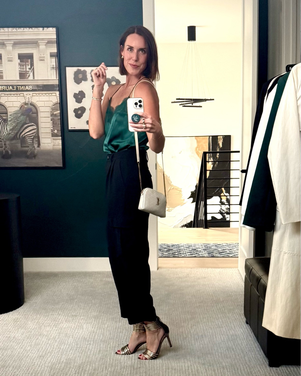 Date night outfit! Silk cami, cargo barrel leg pants, and a pair of mixed metallic toned ankle strap stilettos. Polished with my go-to Saint Laurent purse and mixed metal jewelry. Chic, sexy, sophisticated. 🖤⚡️ elevated weekend outfit. night out look.

#LTKootd #LTKOver40