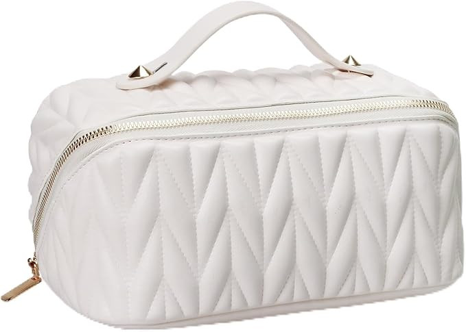 Leather Travel Makeup Bag, Large Capacity Toiletry Bag Organizer for Women with Waterproof Interi... | Amazon (US)