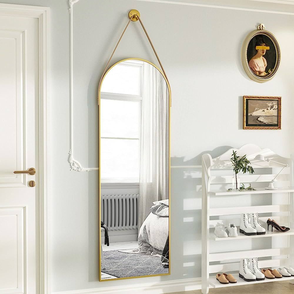 HARRITPURE 16"x48"Arched Mirror with Hanging Leather Strap Full Length Mirror Aluminum Frame Wall... | Amazon (US)