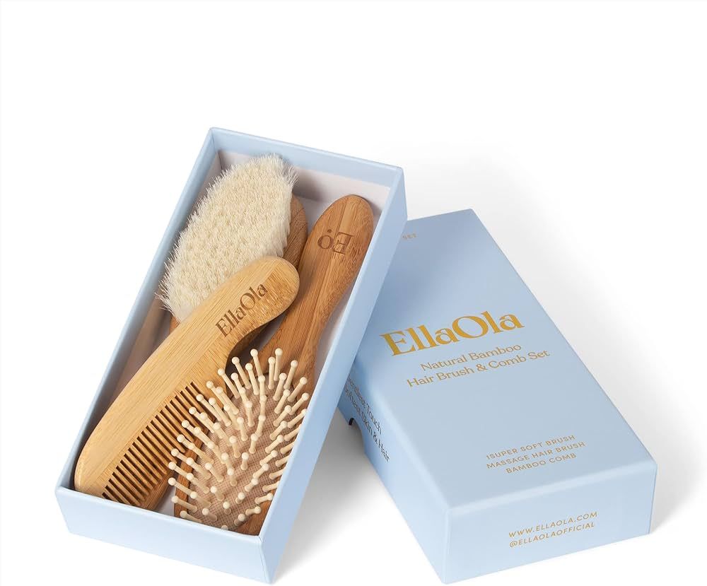 EllaOla Baby Natural Bamboo Hair Brush and Comb Set | 3 Piece Set Includes Ultra Soft Bristle Goa... | Amazon (US)