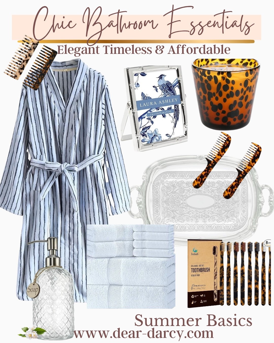 Chic Bathroom Essentials (refresh)

Romanticize your
Everyday lifee

Some of my favorite things

-Blue white striped robe

Silver farm

Silver platter/tray

Tortoise candle, affordable toothbrushes , combs 
Beautiful soft and plush towels

Glass soap bottle 

#LTKHome #LTKmorningroutine #LTKBeauty