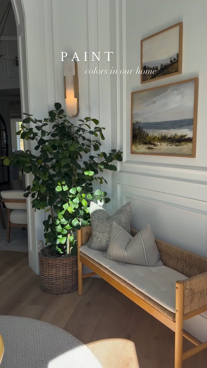 Paint colors in our home:

	•	Chantilly Lace by Benjamin Moore
Color-drenched (walls, ceiling, living room fireplace & hood) 
Satin finish (ceiling is flat)

	•	Flagstone by Sydney Harbour’s Paint Co.
Family room fireplace
(Stone paint fine finish) 

	•	Cape May Cobblestone by Benjamin Moore
Pantry, wet bar & doors
Satin finish
doors at 50% tint 

	•	Natural Cream by Benjamin Moore
Dining room & kitchen cabinets
Satin finish — 
25% tint