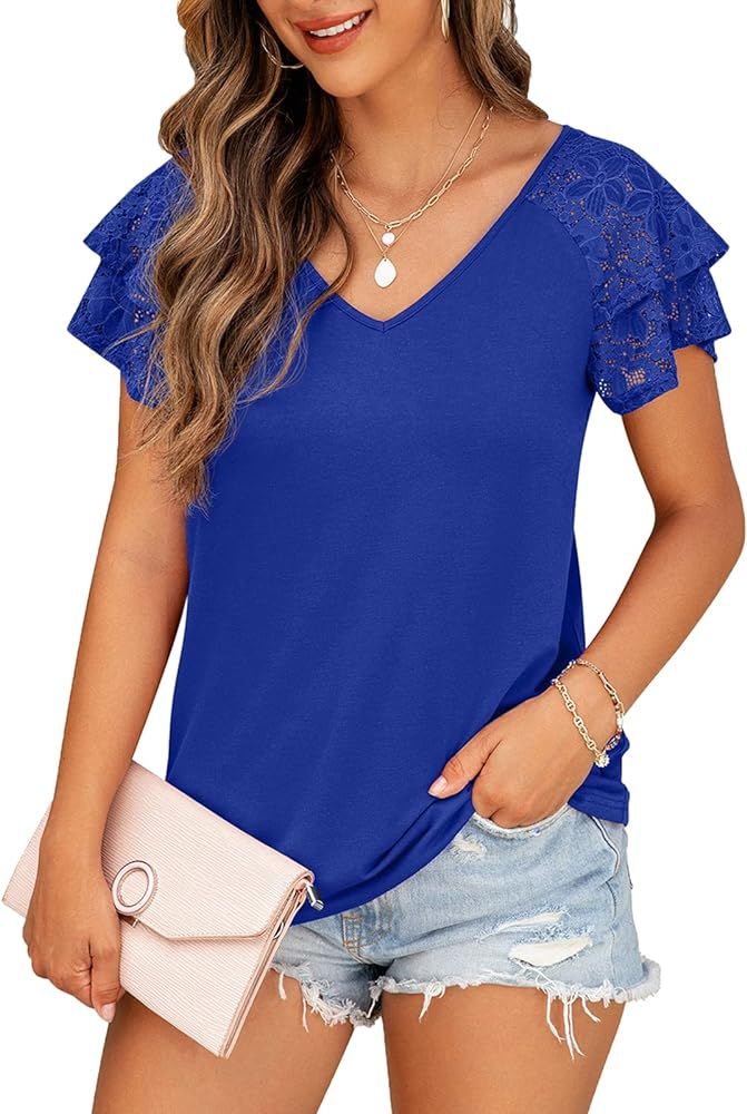 Summer Tops Double Lace Sleeve Shirts for Women V Neck Loose Casual Tee Tunics | Amazon (US)