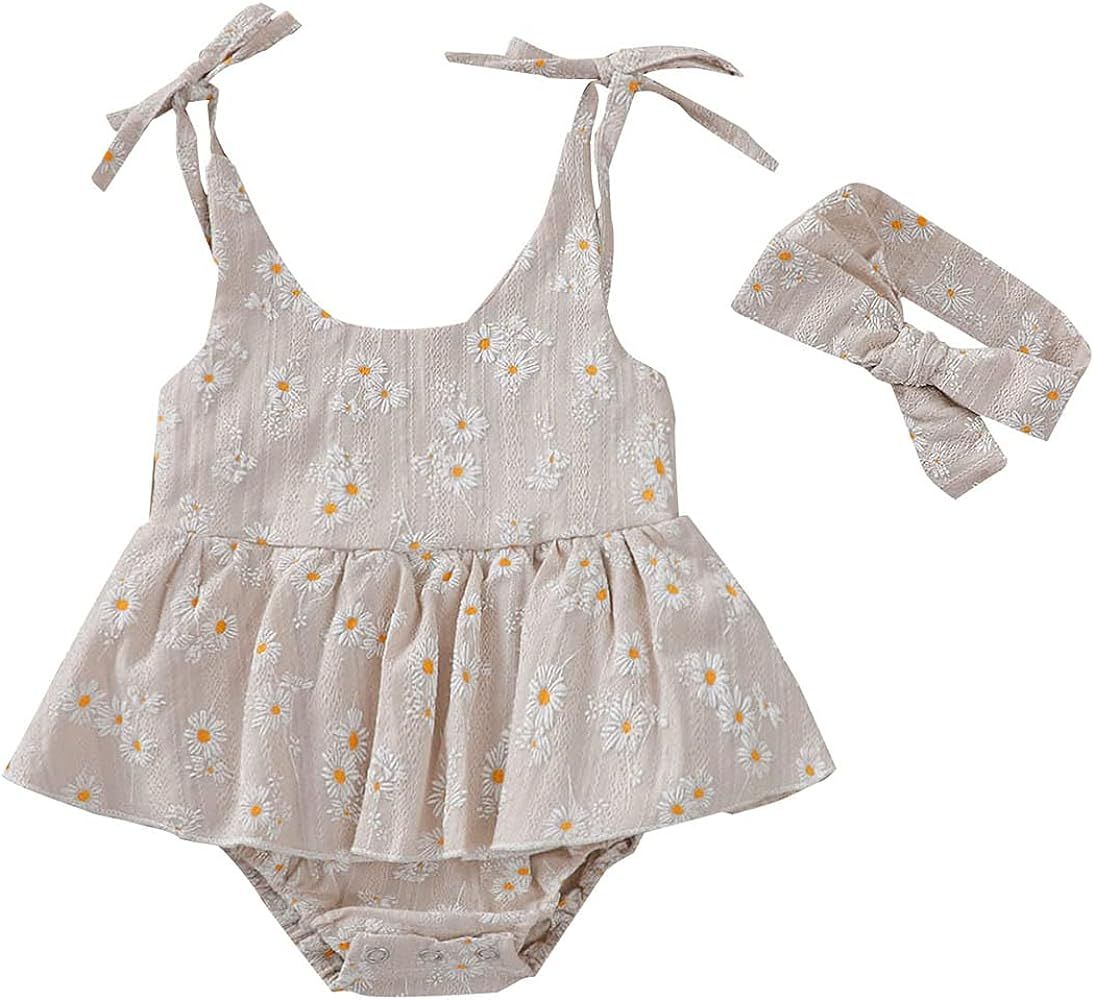 Baby Girls Daisy Playsuits Bodysuit+Headband Print Halter Romper Floral Jumpsuit Infant Summer Cloth | Amazon (US)