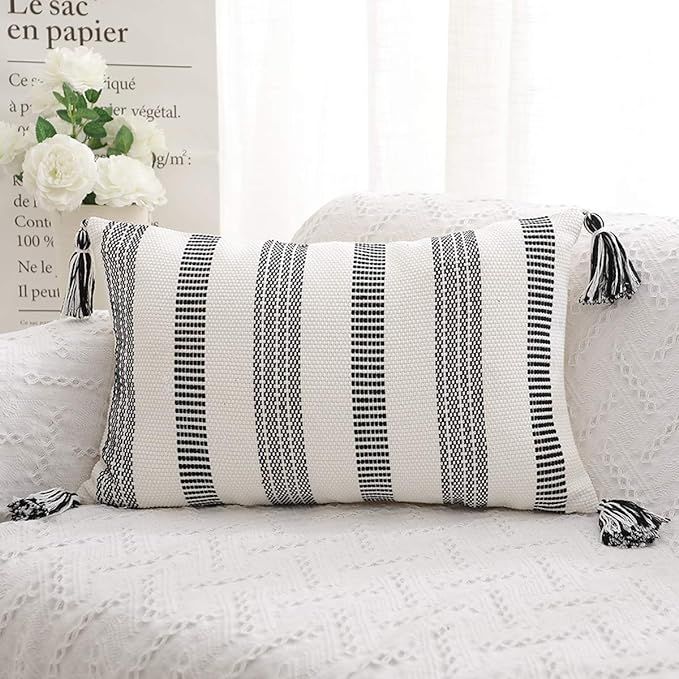 SEEKSEE Black and White Stripes Hand-Woven Rectangular Waist Throw Pillow Covers, Stylish Modern ... | Amazon (US)