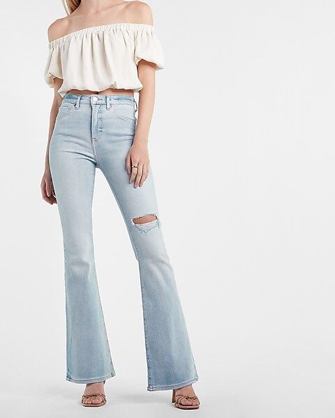 High Waisted Light Wash Ripped Flare Jeans | Express