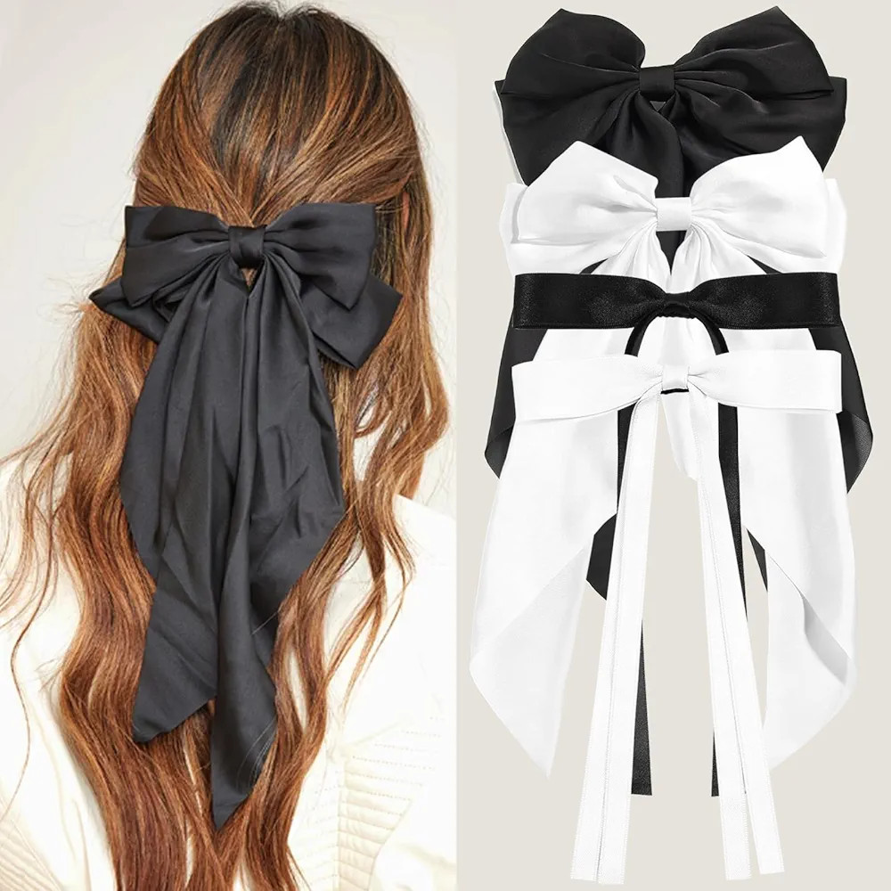 Satin Hair Bows 2 Style Big Bows Clips for Women Girls | Black/White Bow Hair Clips | Tassel Hair... | Amazon (US)