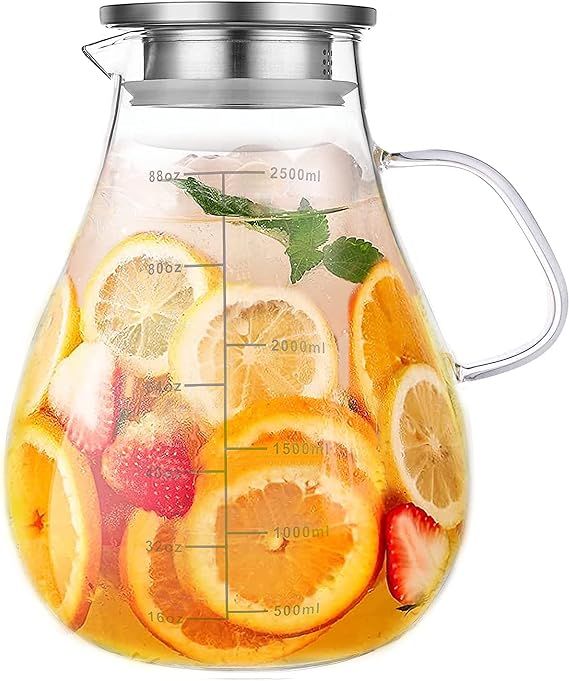 Glass Pitcher with Lid,88 Ounces -2500ml with Precise Scale Line, Hot/Cold Water Jug, Juice and I... | Amazon (US)