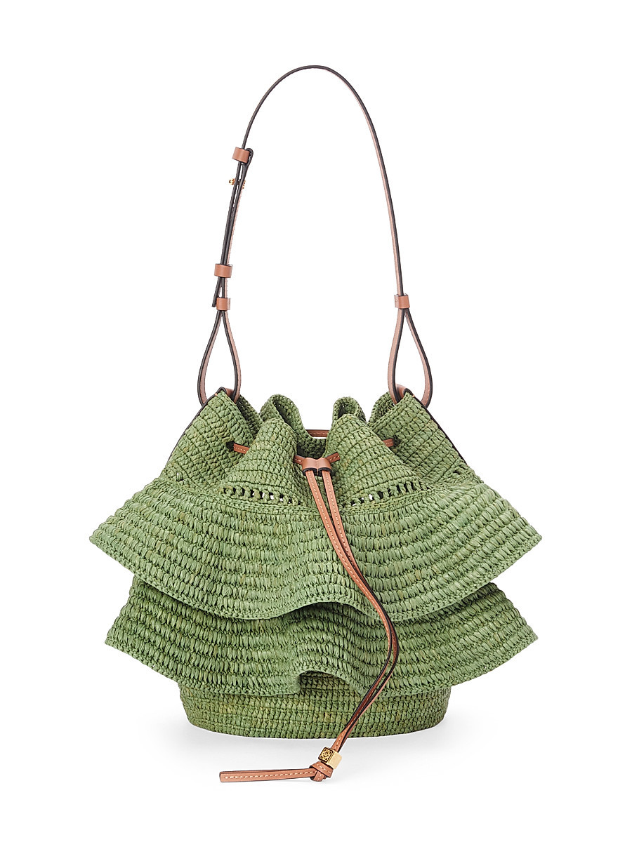 Women's Balloon Ruffled Raffia Bucket Bag - Green Tan | Saks Fifth Avenue