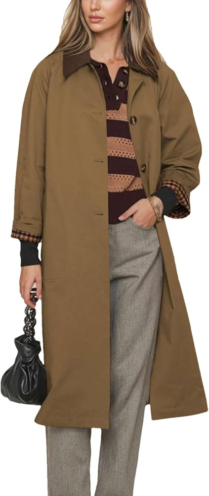 Mingzhu Women's Color Contrast Linen Trench Coat Single Breasted Windproof Overcoat Classic Lapel... | Amazon (US)