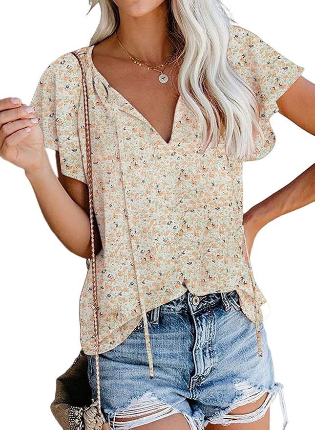 SimpleFun Women's Boho Tops Floral V Neck Short Sleeve Summer Blouse shirts | Amazon (US)