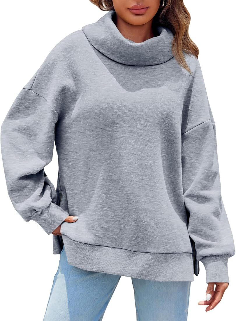 Fisoew Womens Turtleneck Oversized Sweatshirts Casual Long Sleeve Side Zip Warm Pullover Tops | Amazon (US)
