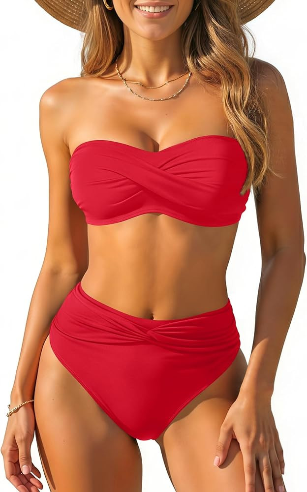Tempt Me Women Bandeau Bikini Set Twist Strapless Two Piece Swimsuit High Cut High Waisted Bathin... | Amazon (US)