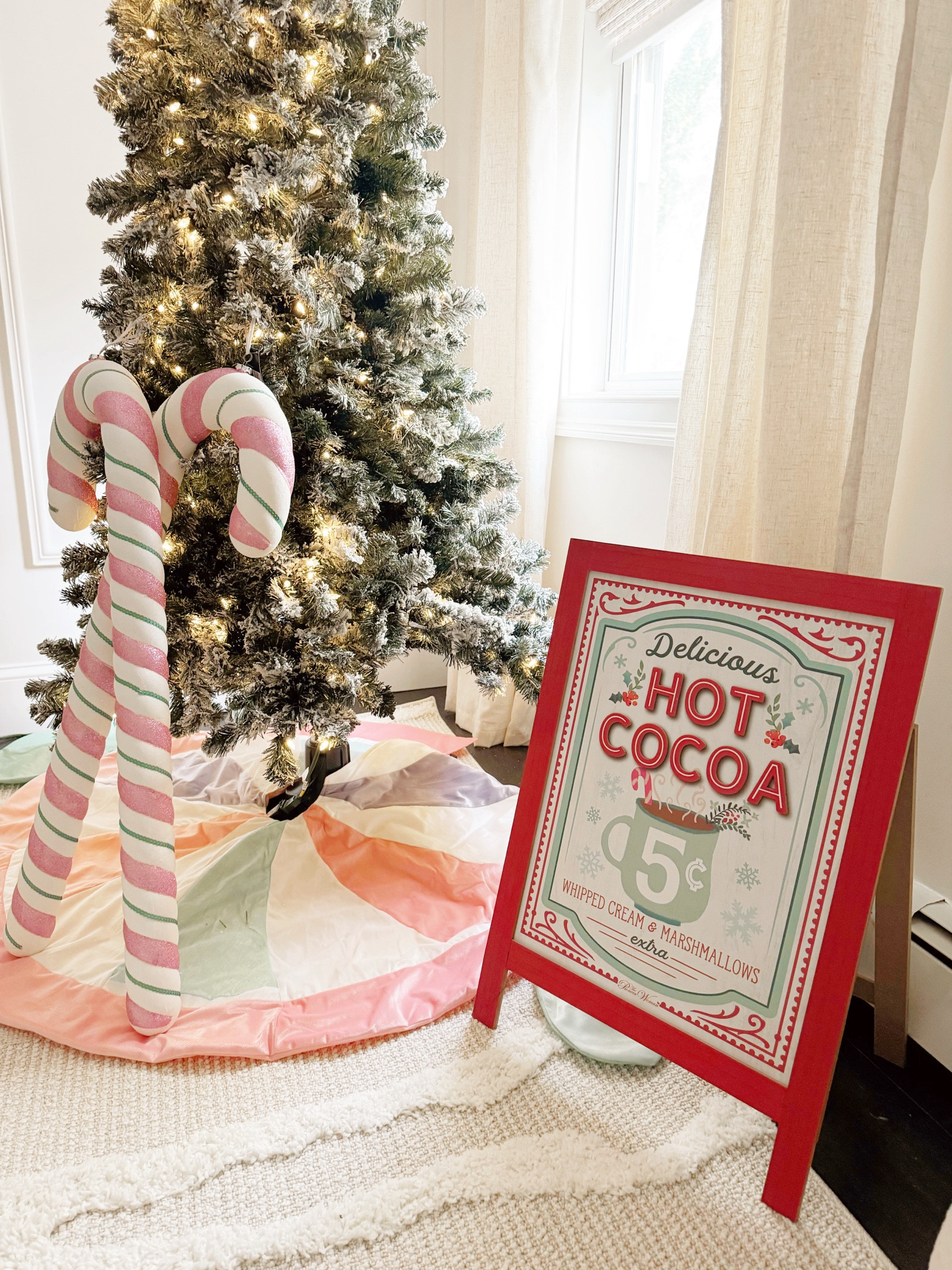 Candy Cane Christmas decor, hot cocoa sign, candy canes, pastel Christmas, pink Christmas, flocked tree, Nirsery Christmas Decor 

#LTKHoliday #LTKhome #LTKSeasonal