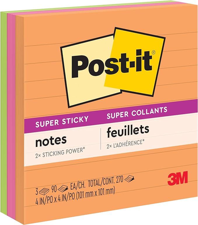 Post-it Notes Lined Super Sticky Notes, 4" x 4", 3 Pads, 90 Sheets/Pad, Rio De Janeiro Colours : ... | Amazon (CA)