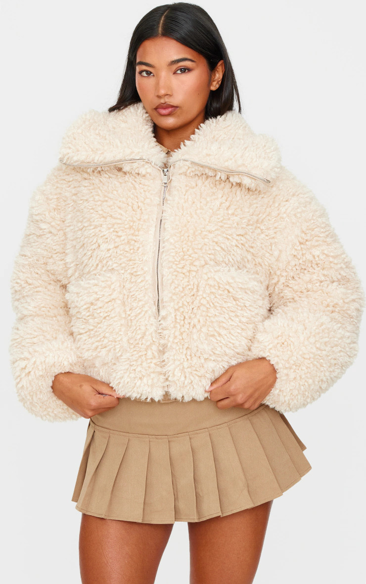 Cream Faux Fur Pocket Detail Crop Jacket | PrettyLittleThing US