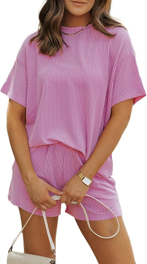 MARZXIN Women 2 Piece Shorts Set 2026 Casual Summer Cruise Outfits Ribbed Loose Short Sleeve Pock... | Amazon (US)