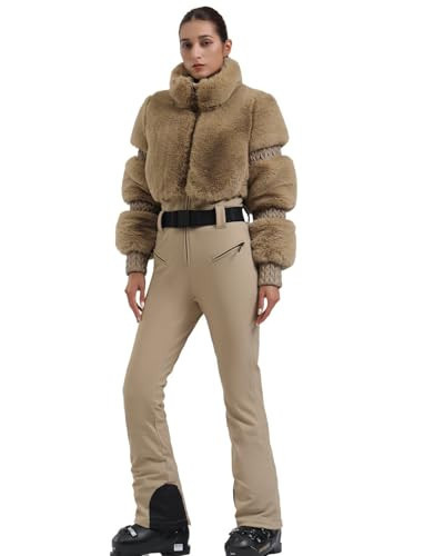 GSOU SNOW Women Ski Suit One Piece Snowsuit Snowboard Faux Fur Collar Slim Jumpsuit Jacket Insulated Windproof Outdoor Winter Khaki L | Amazon (US)