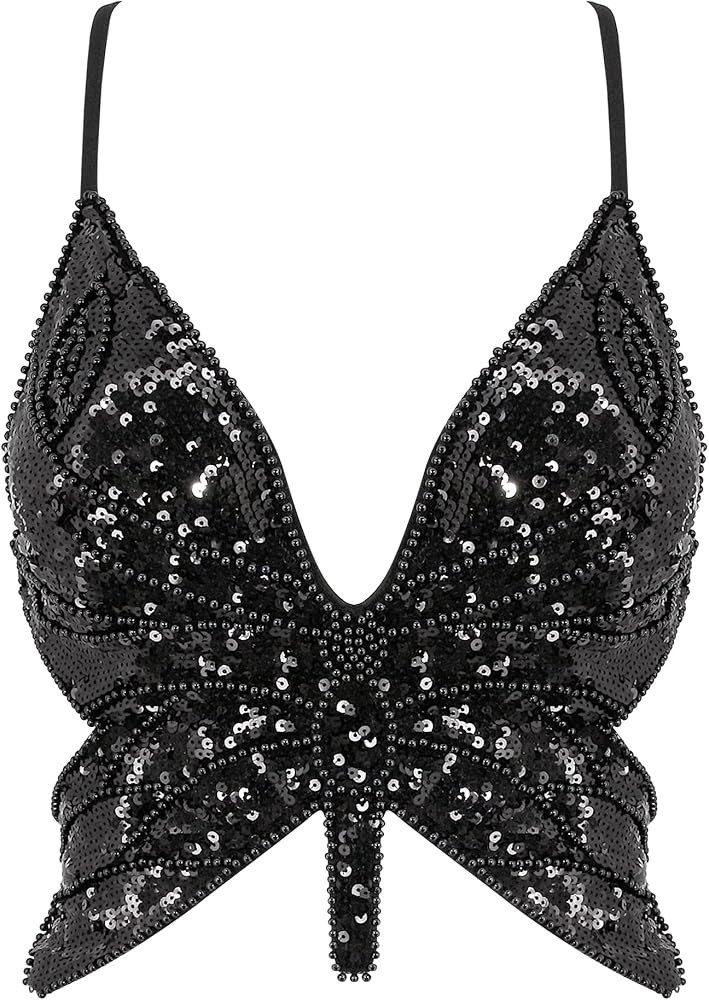 Mocure Womens Glitter Sequin Butterfly Crop Top Low-Cut Tank Top Rave Tube Vest Top for Belly Dan... | Amazon (US)