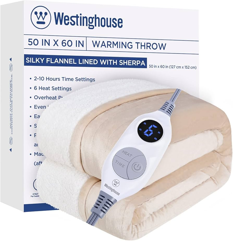 Westinghouse Electric Blanket Throw Heated Blanket with 6 Heating Levels and 2-10 Hours Time Sett... | Amazon (US)