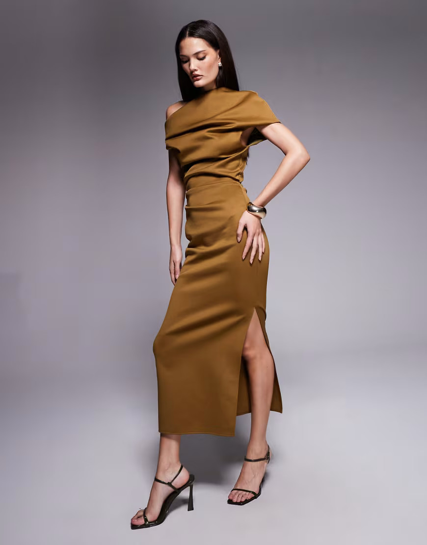 ASOS DESIGN structured midi dress with fallen shoulder in brown in scuba-style fabric | ASOS (Global)
